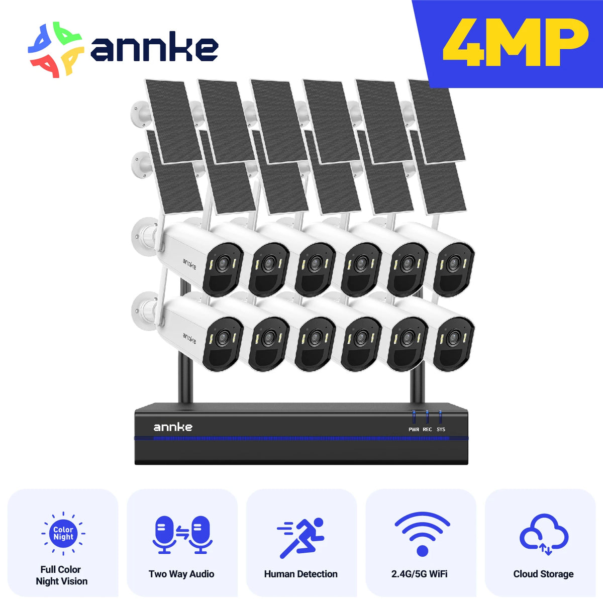 ANNKE 4MP Solar Security Cameras 16CH NVR 4/6/8/12 PCS WiFi Camera Wireless PIR Night Vision WiFi 6 + Bluetooth Connect 4MM Outdoor wifi camera