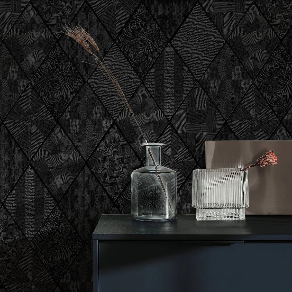 JIFFDIFFBlack Rhombus Wood Texture Wallpaper 44×2032cm Roll,Geometric Diamond Self Adhesive Peel and Stick Removable Waterproof Wall Paper for Bedroom Home Decor
