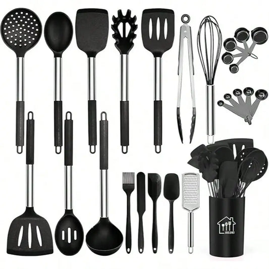 Heat Resistant Silicone Cooking Utensil Set With Stainless Steel Handles