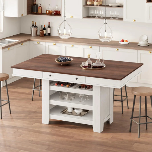 60 Inch Counter Height Dining Table For 4-6 With 2 Drawers, Wine Rack & 3 Tier Shelves, Farmhouse Bar Table With Storage