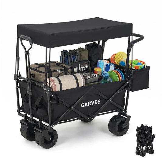 220LB Folding Utility Wagon Cart With Removable Canopy Tailgates Storage Pocket Push Pull Outdoor Beach Camping Garden Grocery Hauler