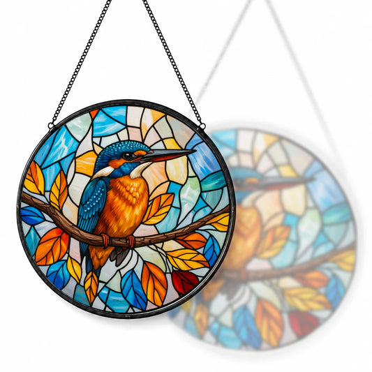 Stained Glass Suncatcher Round Tropical Sunset Beach Palm Tree Hibiscus Flower Window Hanging Decor Home Garden Gift