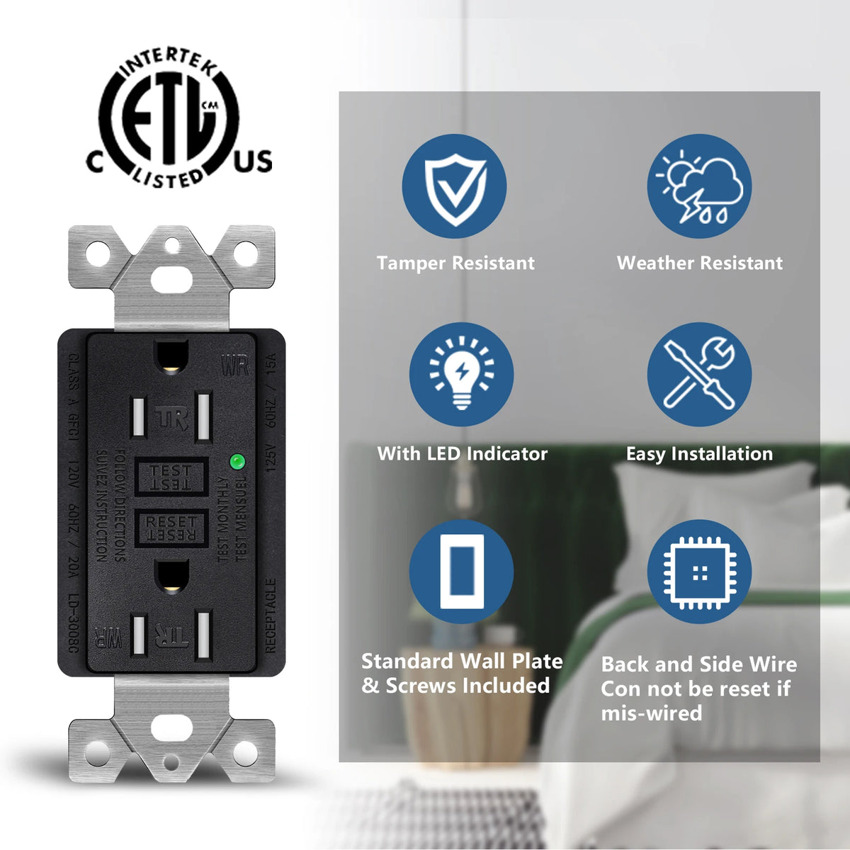 1PK-20PK GFCI GFI Outlet 15A 125V Black Safety Receptacle Plug Tamper Resistant TR WR Plate Socket With ETL Listed and LED Light