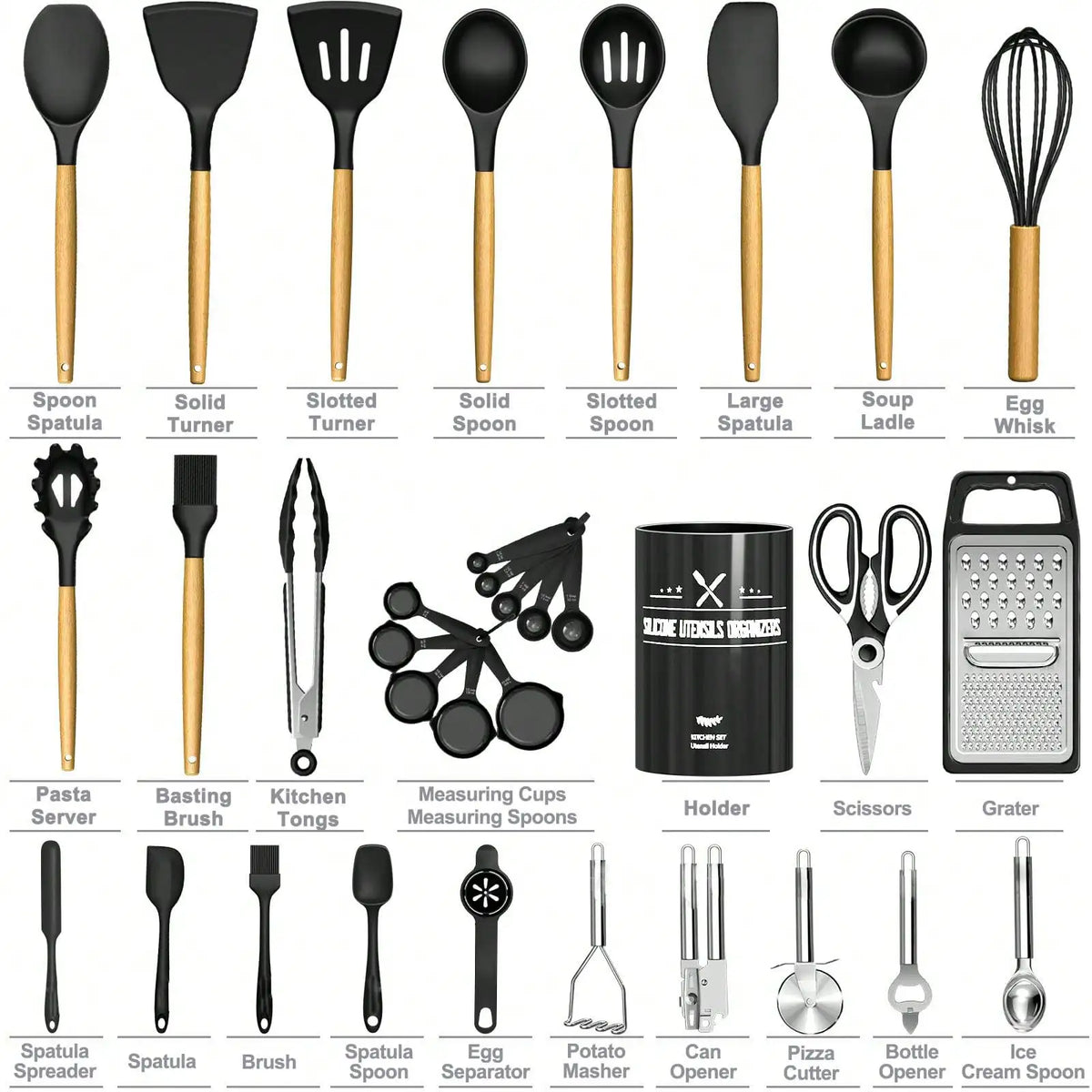 Heat Resistant Silicone Kitchen Utensil Set With Wooden Handles