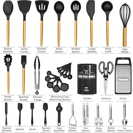 Heat Resistant Silicone Kitchen Utensil Set With Wooden Handles