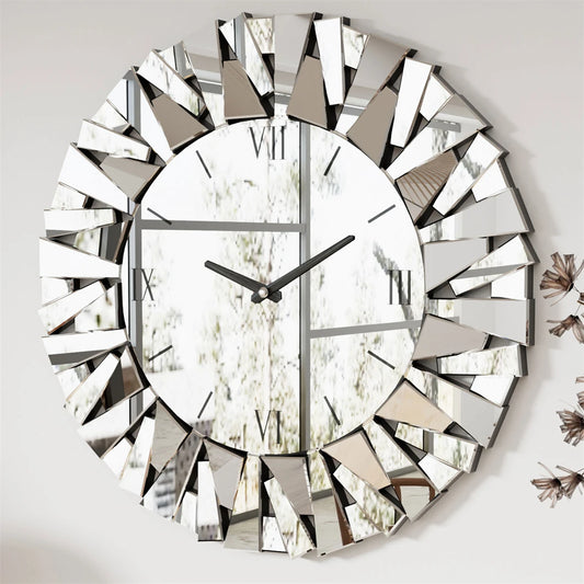 Modern 3D Mirrored Sunburst Wall Clock With Roman Numerals