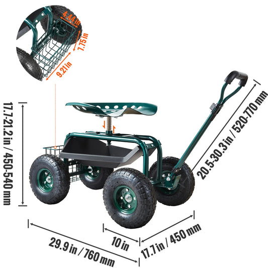 SucceBuy Garden Cart Rolling Workseat with Wheels Gardening Stool for Planting 360Degree Swivel Seat Wagon Scooter with Steering