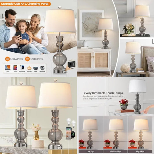 Touch Control Dimmable Table Lamp Set With USB Charging for Bedrooms