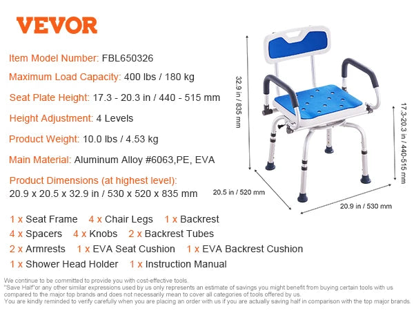 SucceBuy Swivel Shower Chair 360 Degree Adjustable with Armrest and Backrest for Shower or Bathtub Non-Slip for Elderly Disabled