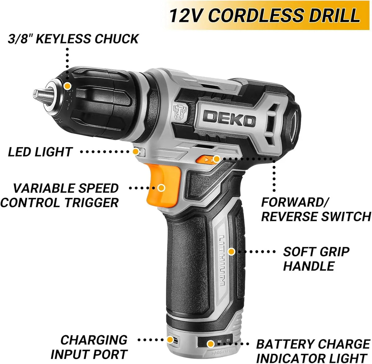 DEKO Cordless Drill and Home Mechanic Tool Set with Case