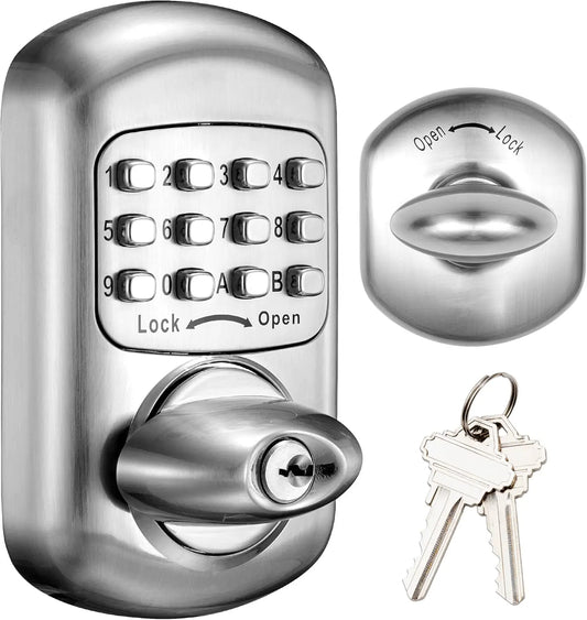 Bravex Mechanical Keypad Deadbolt Lock Black, Keyless Entry Sabbath Shabbos Lock Zinc Alloy No Battery Low Power Risk for Home Front Door, Satin Nickel