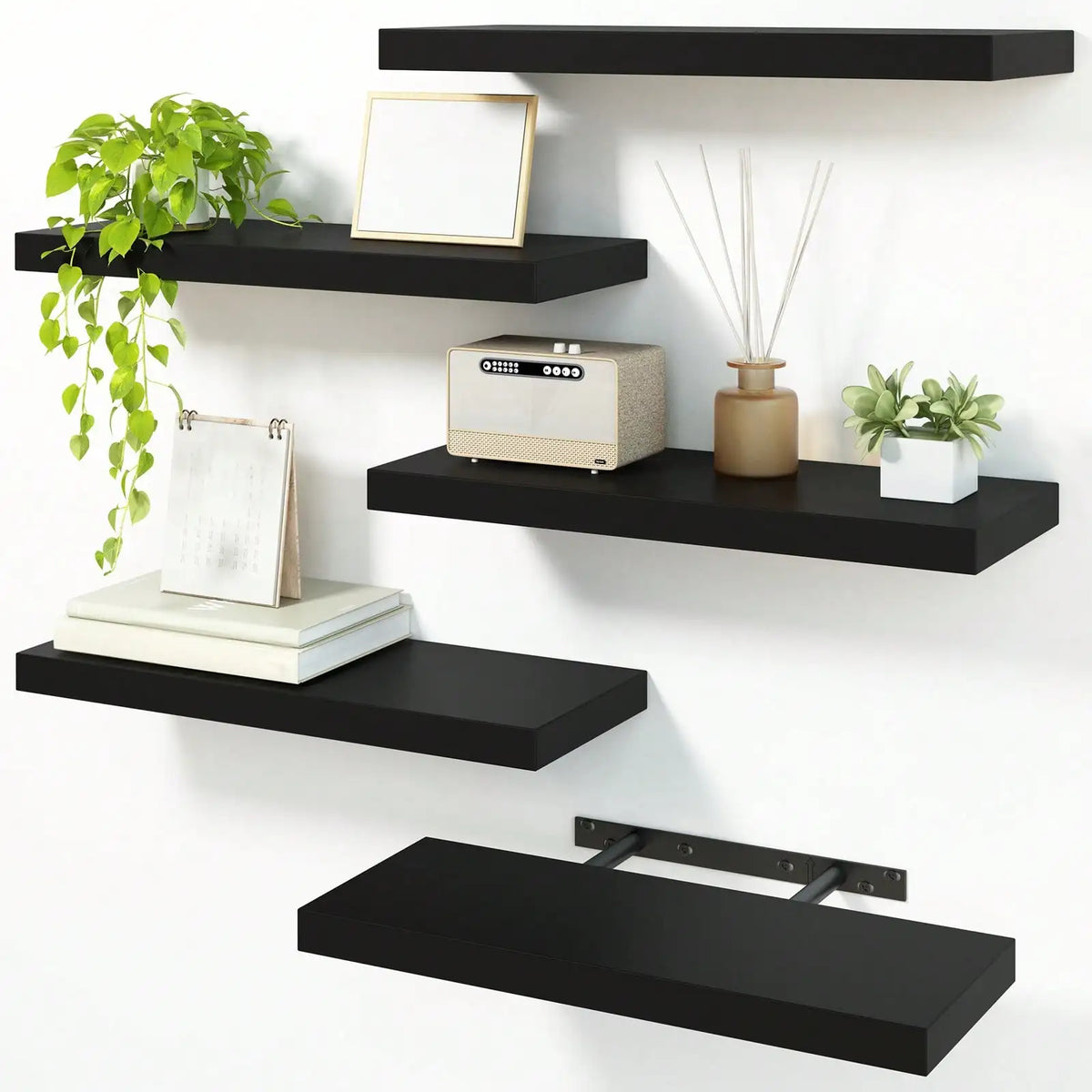 4 Pack Floating Shelves Modern Black Wood Wall Shelves Storage Shelving Unit With Invisible Metal Brackets Display Rack For Bathroom Living Room Bedroom Kitchen Housewarming Gift