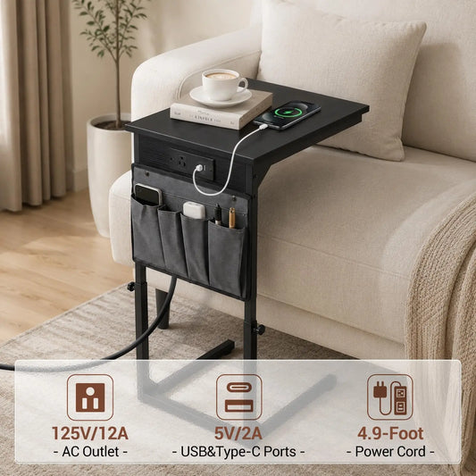 Adjustable C Shaped End Table With Charging Station