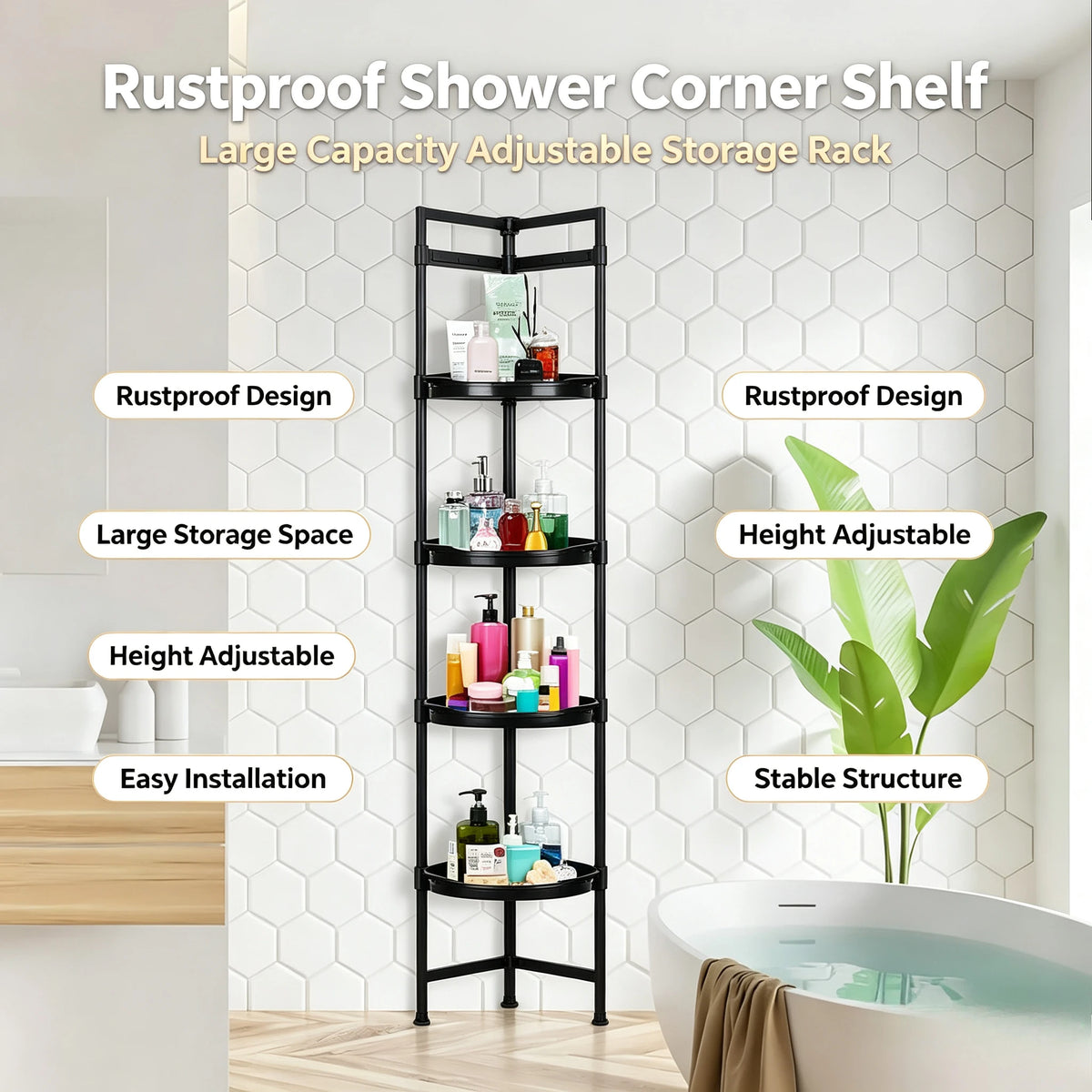Rustproof Corner Shower Caddy With Telescopic Tension Pole