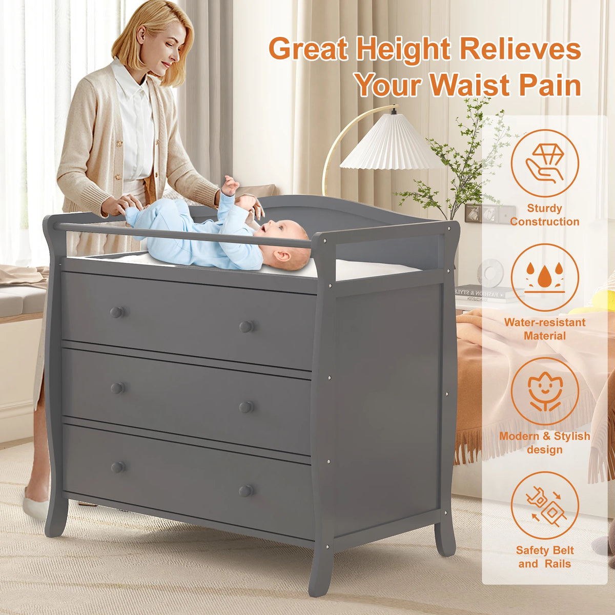 GAOMON Wooden Baby Changing Table Dresser With Three Drawers