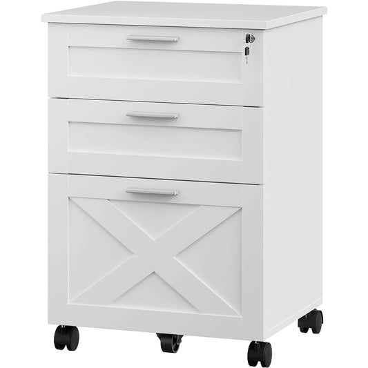 HiMISS Wooden 3 Drawer Filing Cabinet With Lock Rolling Casters