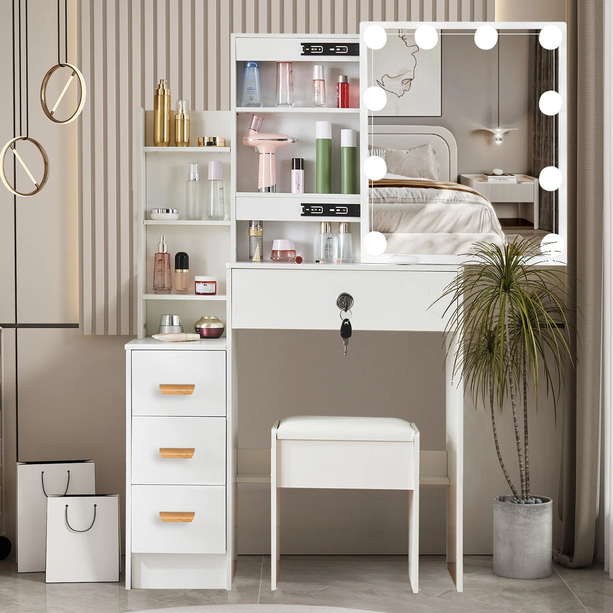Yamissi Modern Vanity Table And Stool Set With LED Mirror