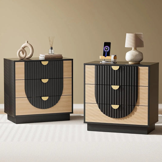 Modern Fluted Nightstand With Charging Station And Three Drawer Storage