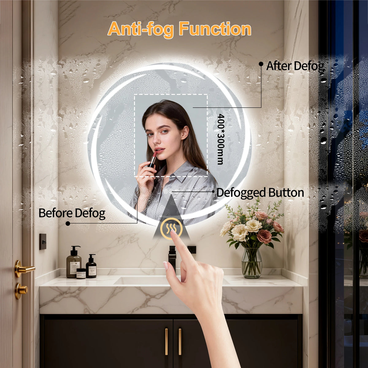 Round LED Bathroom Mirror With Bluetooth Speakers And Defogger