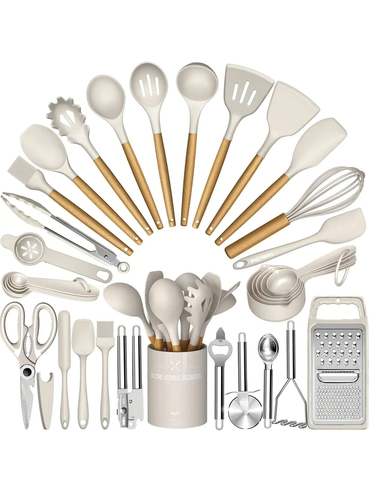 Heat Resistant Silicone Kitchen Utensil Set With Wooden Handles