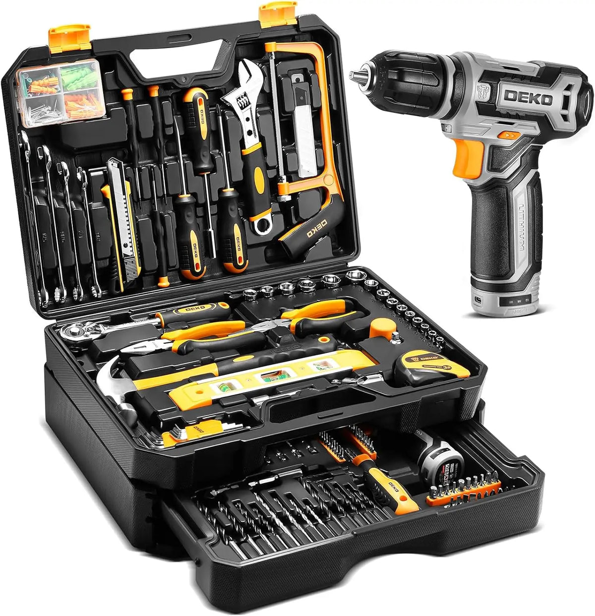 DEKO Cordless Drill and Home Mechanic Tool Set with Case
