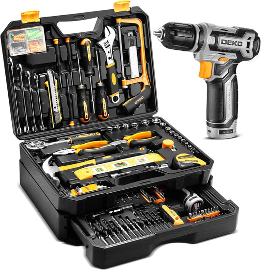 DEKO Cordless Drill and Home Mechanic Tool Set with Case