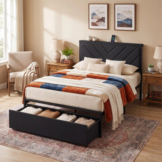 HiMISS Metal Platform Bed Frame With Storage Drawers Charging Station
