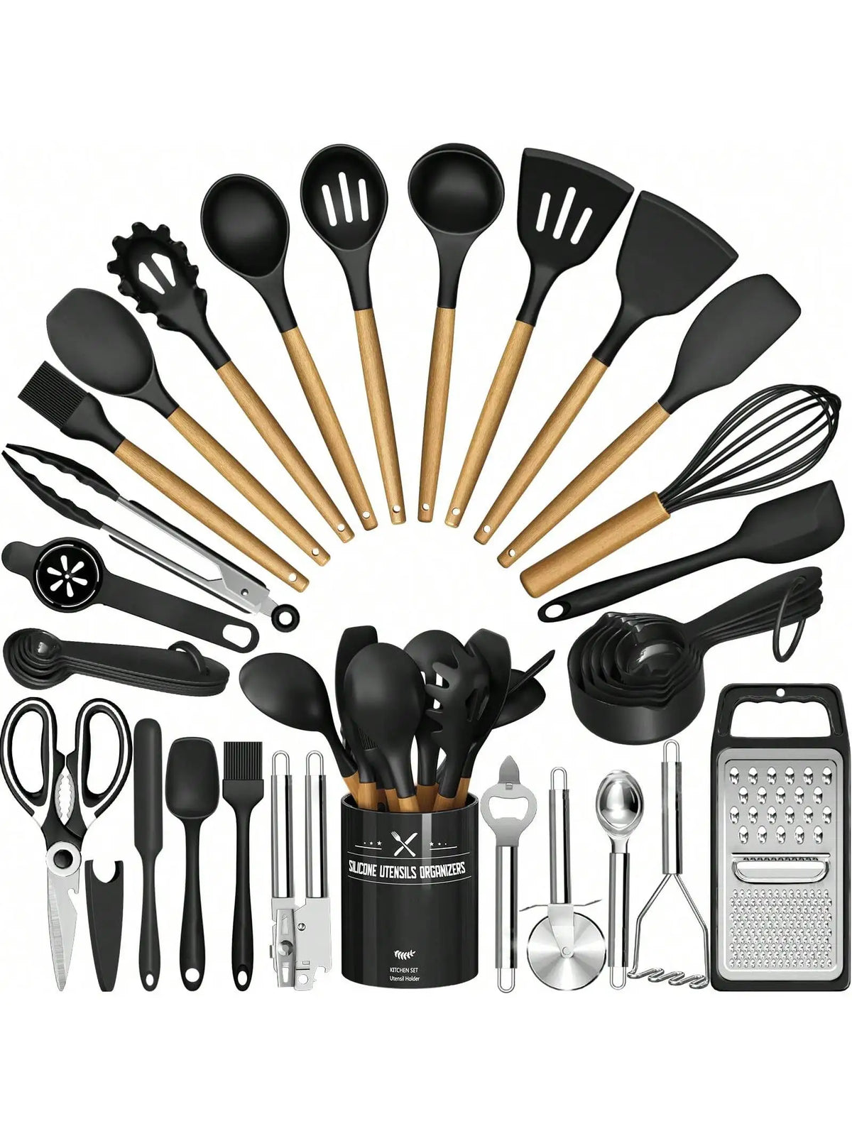 Heat Resistant Silicone Kitchen Utensil Set With Wooden Handles