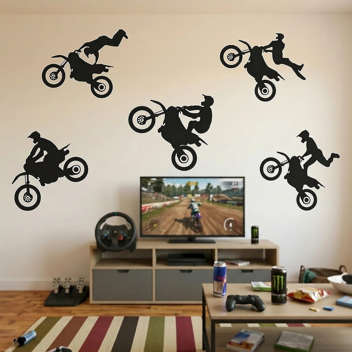 Zoyiancy Dirt Bike Motocross Wall Decal, Black Vinyl Motorcycle Silhouette Sticker Set For Bedroom, Garage Or Party Backdrop