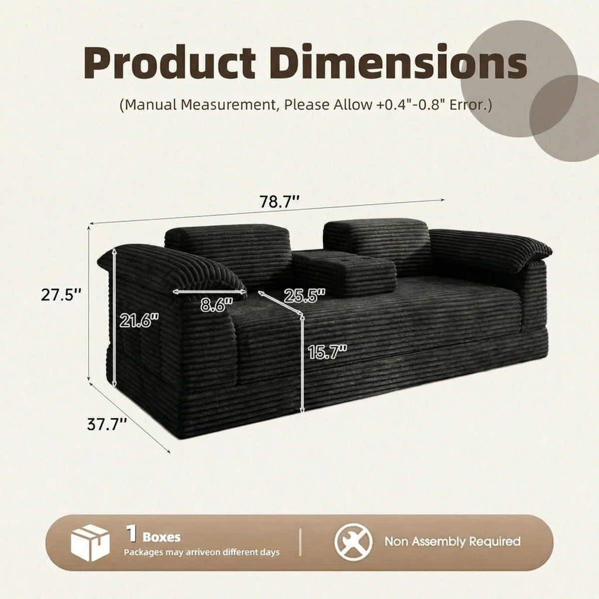 Oversized Black Striped Corduroy 3-Seater Sofa with Middle Cup Holder, Flipable Design, Customizable DIY Modular Couch, Soft Fluffy Plush Fabric Sofa, Wide Armrest Minimalist Leisure Furniture for Apartment, Bedroom & Living