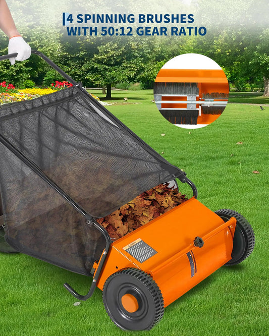 26" Push Lawn Sweeper with 7 Cu Ft Mesh Bag Leaf & Grass Collector Adjustable Height Rubber Wheels Steel Frame Efficient Yard & Driveway Leaf Collector
