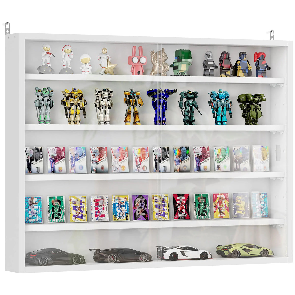 Homcom 5-Tier Display Cabinet, Glass Door Cabinet with Adjustable Shelves, Wall-Mounted Display Case for Playroom, Bedroom, White