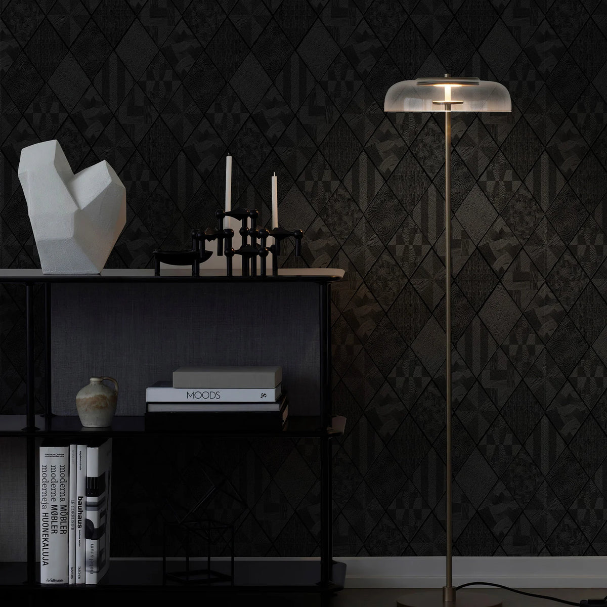 JIFFDIFFBlack Rhombus Wood Texture Wallpaper 44×2032cm Roll,Geometric Diamond Self Adhesive Peel and Stick Removable Waterproof Wall Paper for Bedroom Home Decor