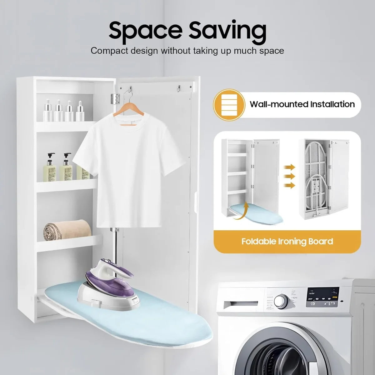Wall Mounted Ironing Board, Rotatable Storage Cabinet with 4 Shelves and 2 Hooks, Space Saving, MDF, Anti Rust, Easy Install Ironing Board for Laundry Room Closet
