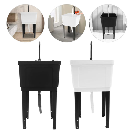 BYMAOCAR Freestanding Multifunctional Utility Sink Space Saving Laundry Tub Equipped With Stainless Steel Faucet Heavy Duty Wash Basin Available In White & Black For Workshop Washing Room Garage Use