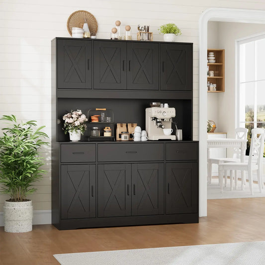 71" Tall Farmhouse Pantry Cabinet, 55.1" Wide Kitchen Storage Cabinet With Outlets, 8 Doors, 3 Drawers & Adjustable Shelves