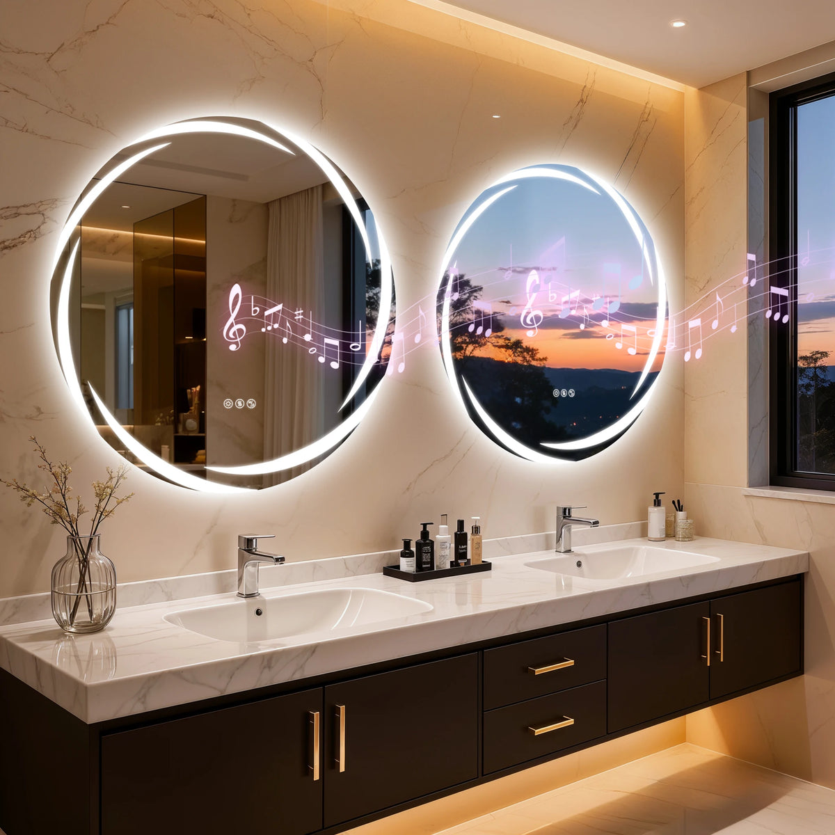 Round LED Bathroom Mirror With Bluetooth Speakers And Defogger