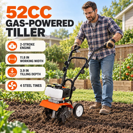 52CC Gas Powered Tiller Cultivator 2 Stroke Engine Garden Rototiller with Adjustable Steel Tines 11.8 Inch Working Width Soil Cultivator for Vegetable Garden Flower Bed Yard Field Farming