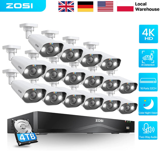 ZOSI 16CH 4K PoE CCTV Security Camera Full System 16 Port 32CH Dual-Disk NVR 2-Way Audio 8MP Outdoor Home Business Video Surveillance Kit