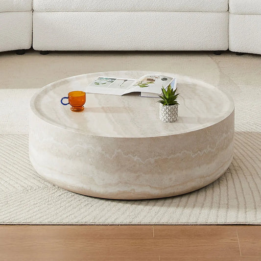 Faux Marble Round Coffee Table for Living Room No Assembly