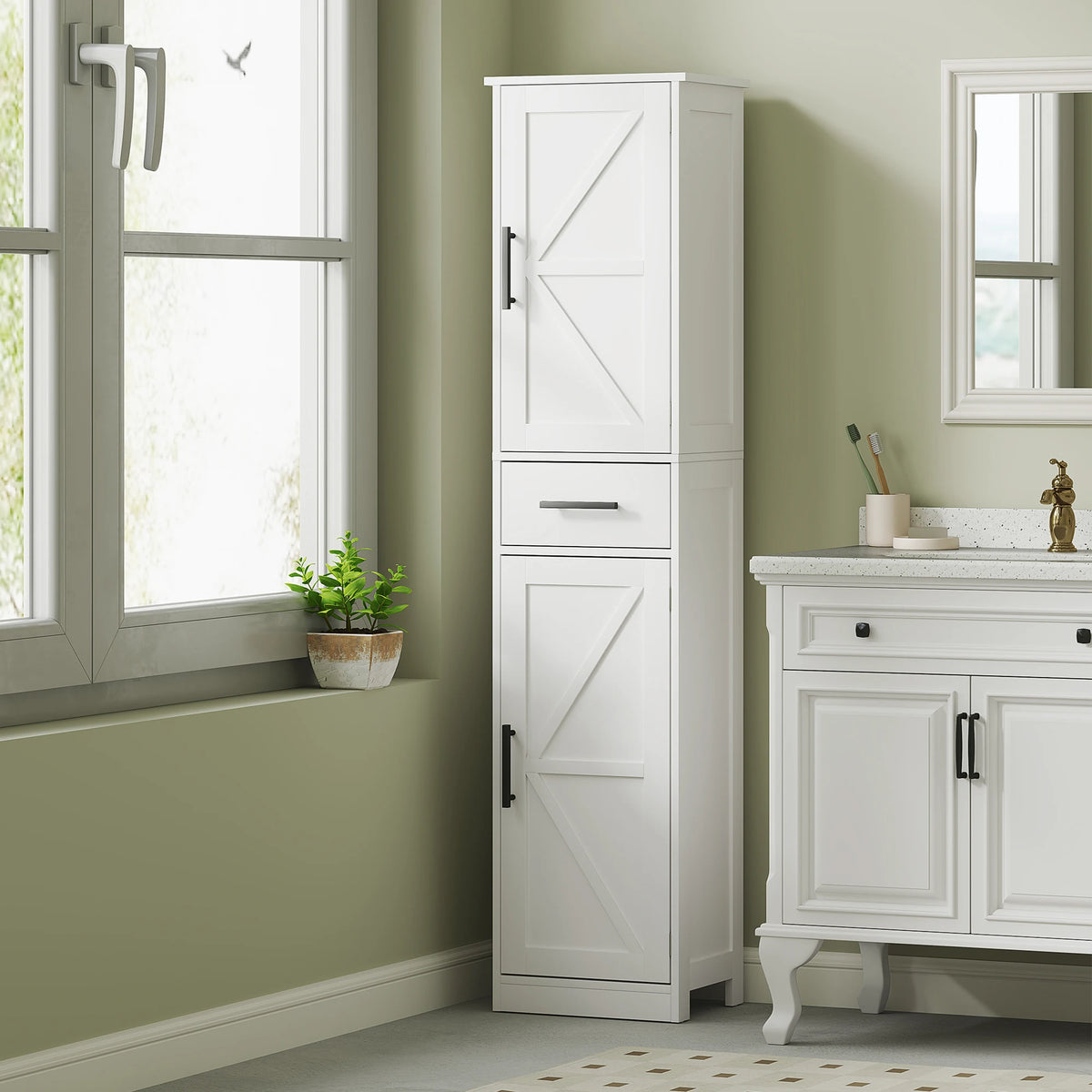 HOMCOM Farmhouse Bathroom Storage Cabinet With Drawer And Barn Doors