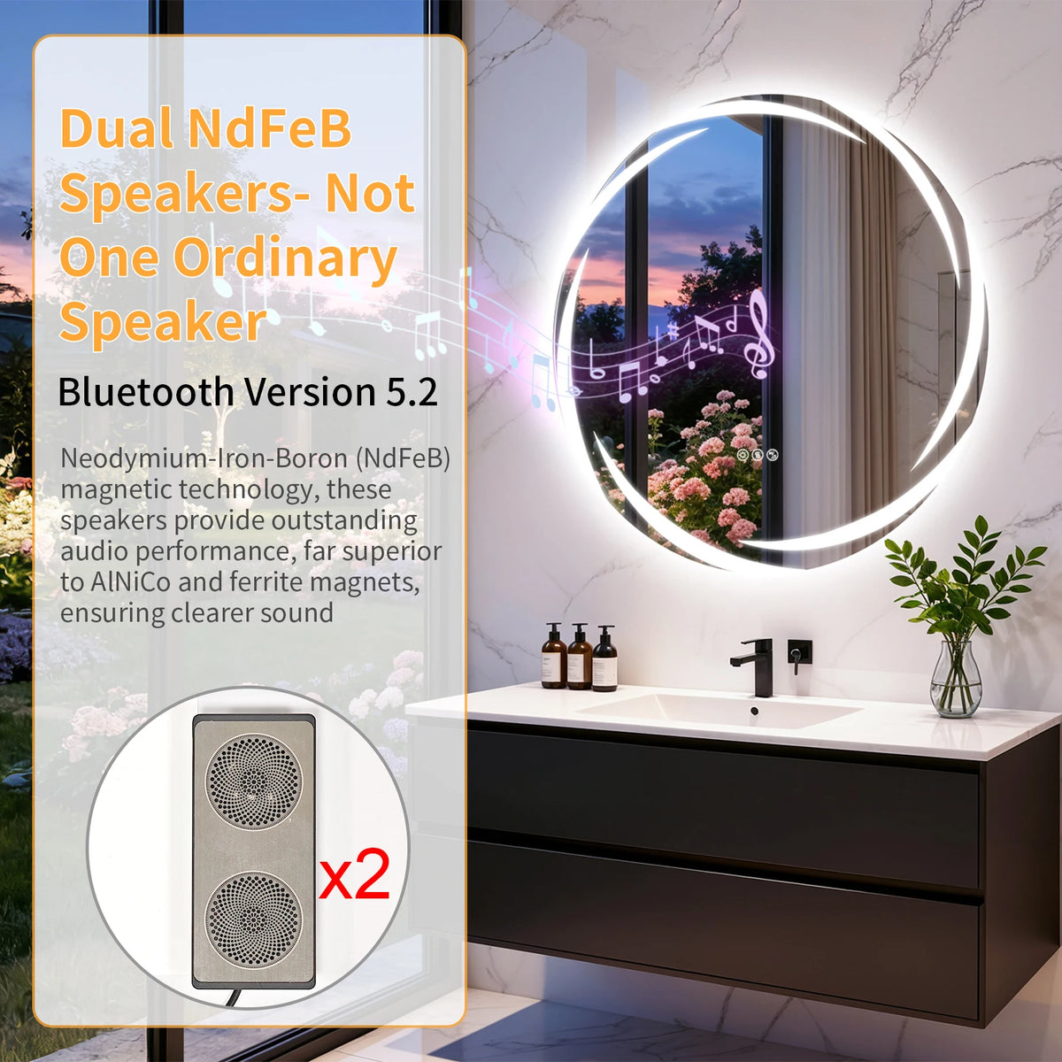 Round LED Bathroom Mirror With Bluetooth Speakers And Defogger