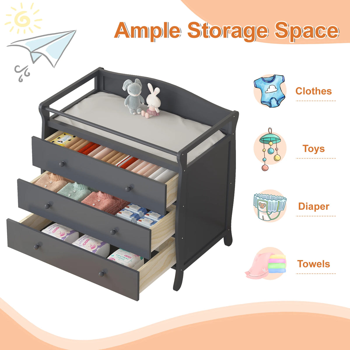 GAOMON Wooden Baby Changing Table Dresser With Three Drawers