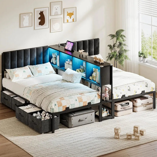 Twin Beds With Bookcase Divider, Storage, Charging Station, LED Lights