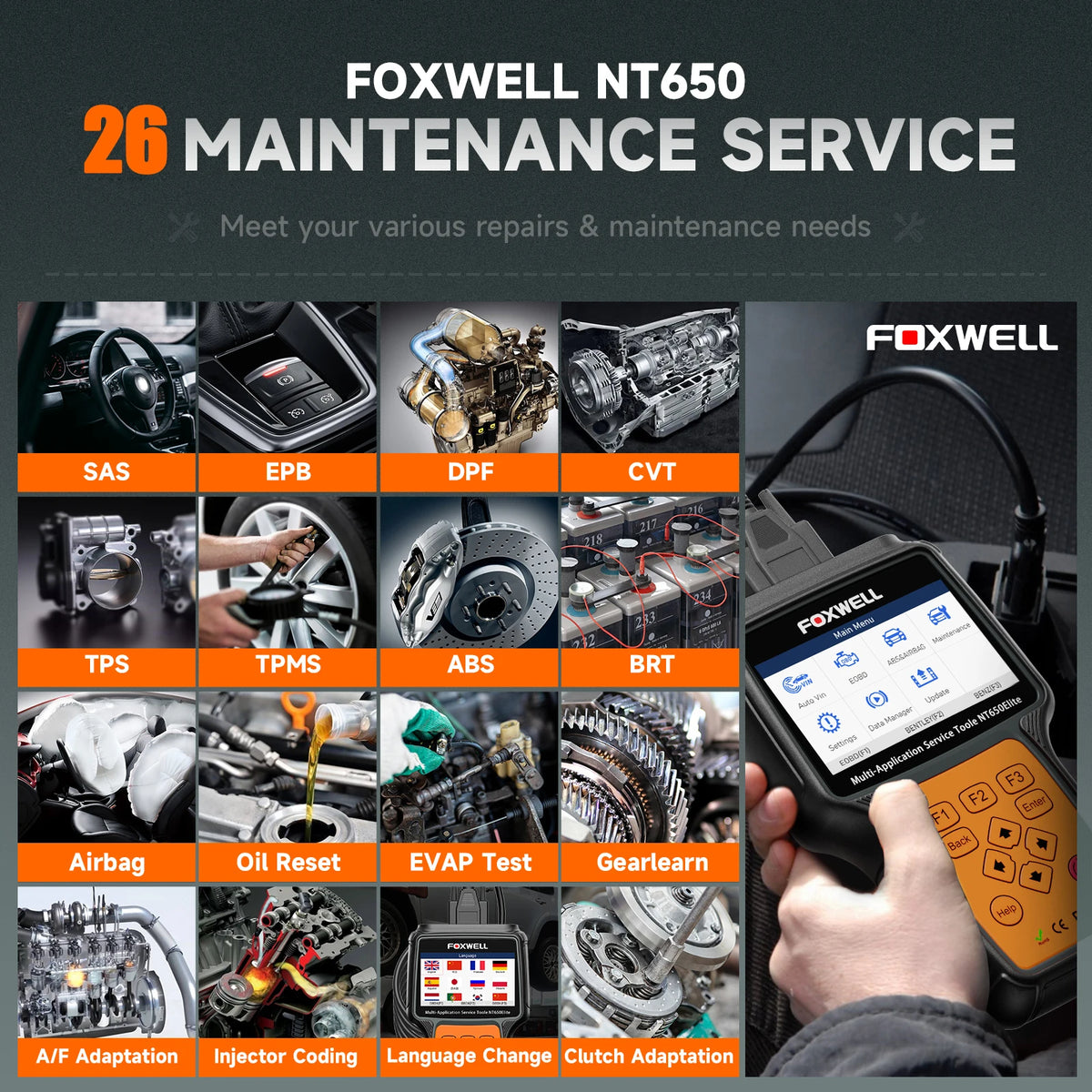 FOXWELL NT650 Elite OBD2 Automotive Scanner SAS A/F OIL EPB BRT TPS 26+ Reset Professional Auto Car Diagnostic Tool OBD2 Scanner