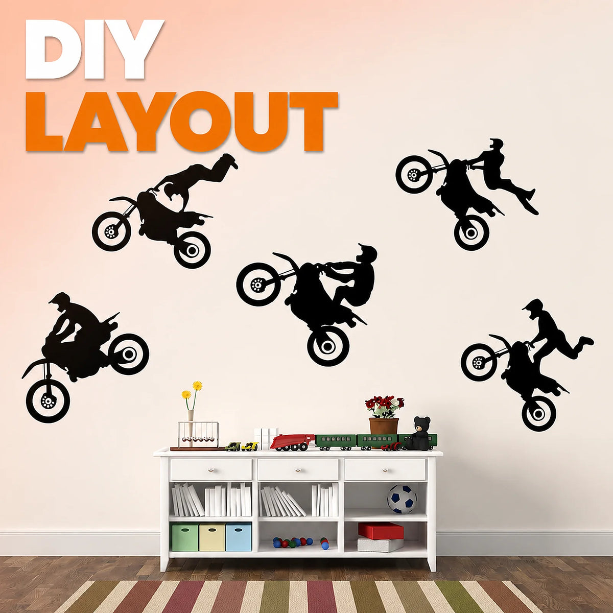 Zoyiancy Dirt Bike Motocross Wall Decal, Black Vinyl Motorcycle Silhouette Sticker Set For Bedroom, Garage Or Party Backdrop
