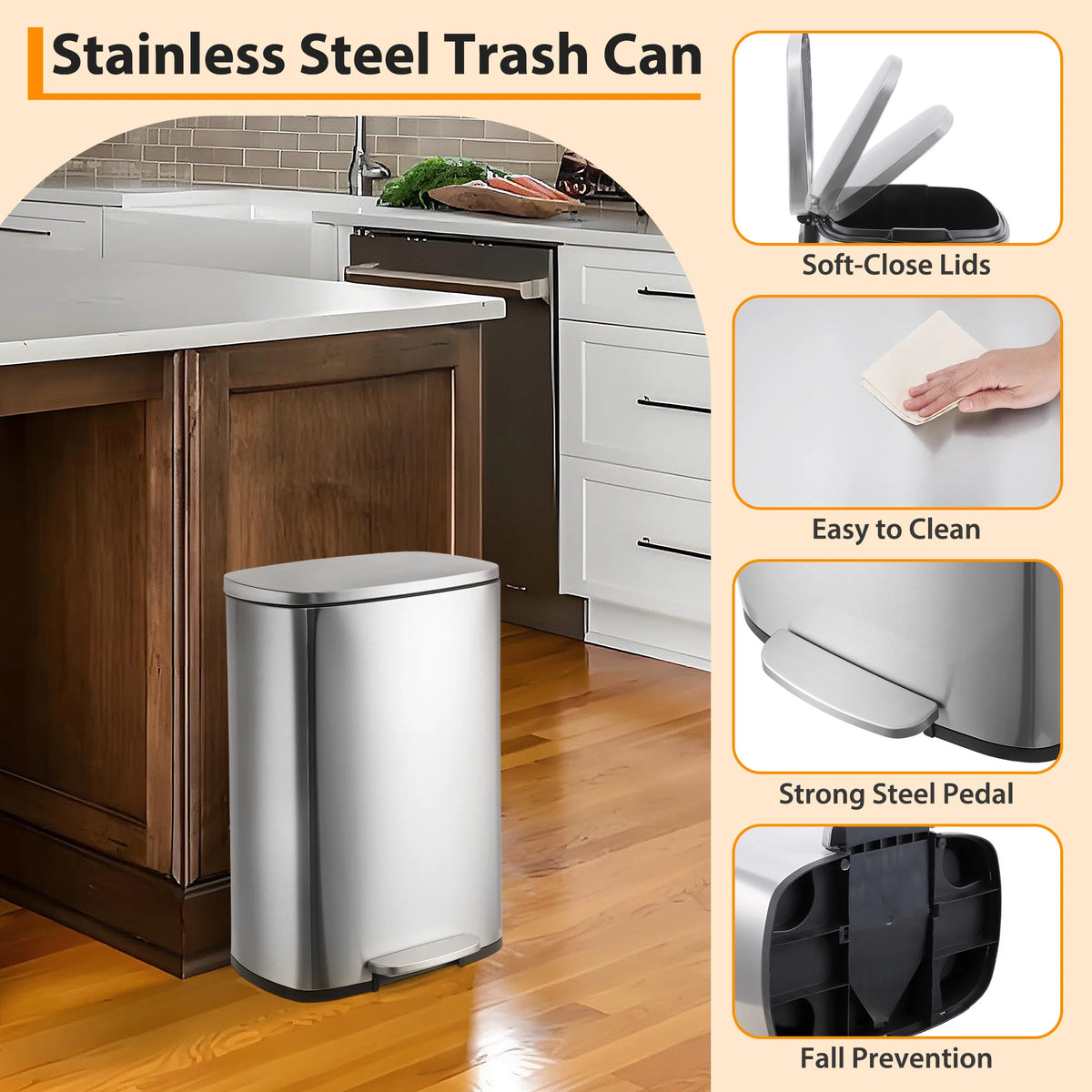Stainless Steel Step Pedal Trash Can With Soft Close Lid