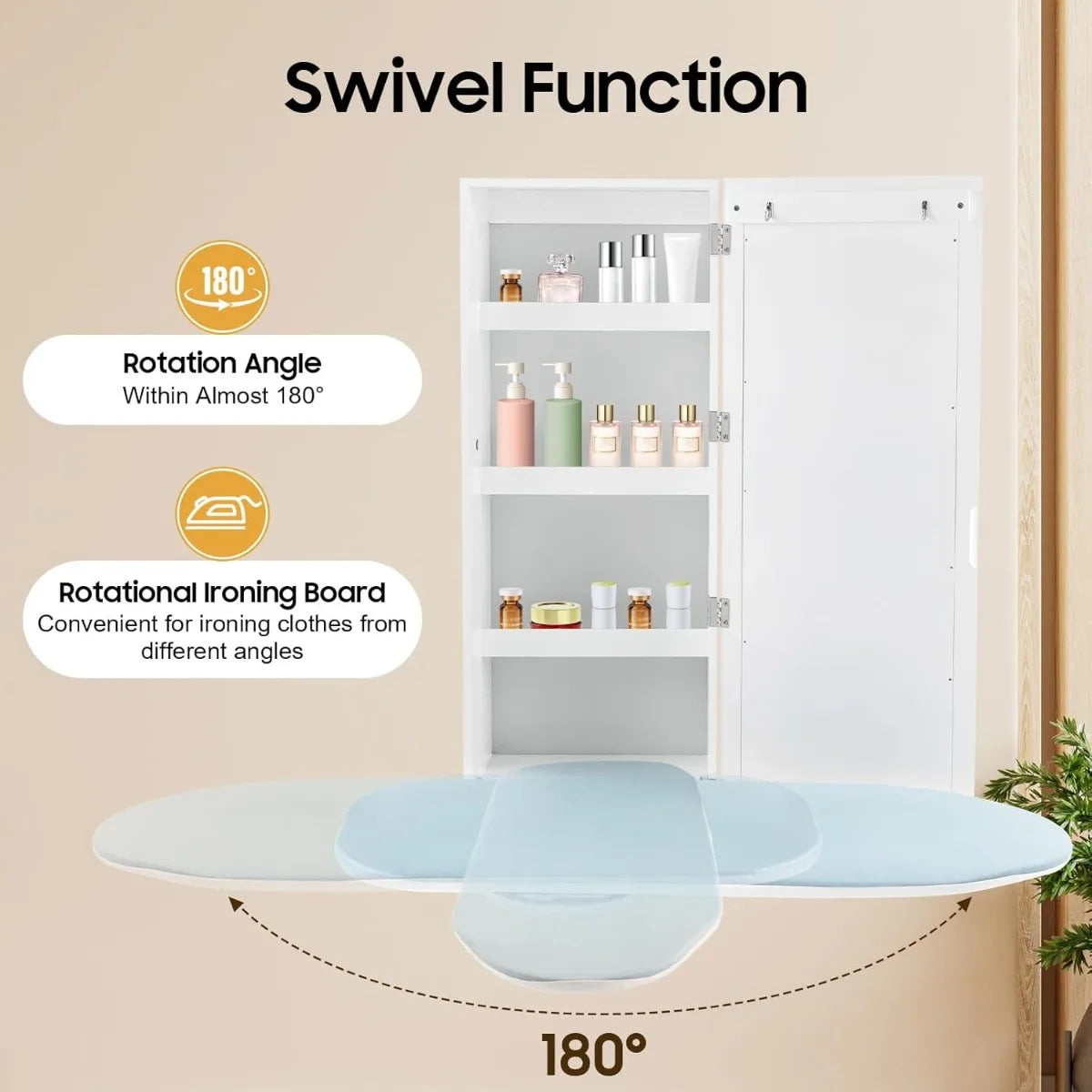 Wall Mounted Ironing Board, Rotatable Storage Cabinet with 4 Shelves and 2 Hooks, Space Saving, MDF, Anti Rust, Easy Install Ironing Board for Laundry Room Closet