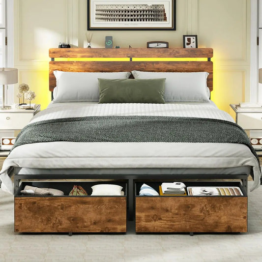 Metal Bed Frame With Wood Headboard, Drawers, Charging, LED Lighting