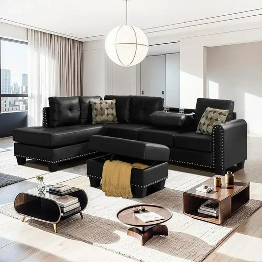 L Shaped Sectional Sofa With Cup Holders And Storage Ottoman